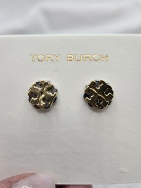 Tory Burch Logo Stud Earrings Gold Tone Two Tone Round Classic